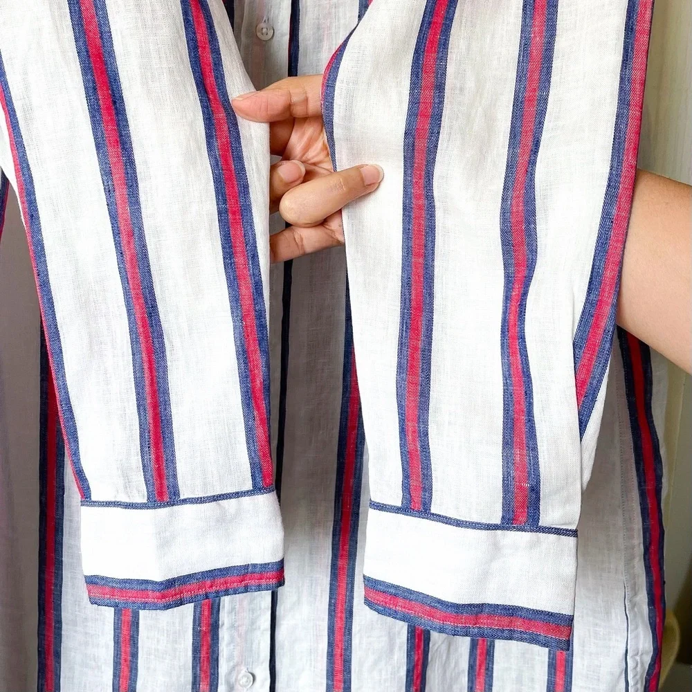 Frank & Eileen Mary Linen Shirt Dress Mini Red Navy White Stripe Large EUC - Picture 4 of 8